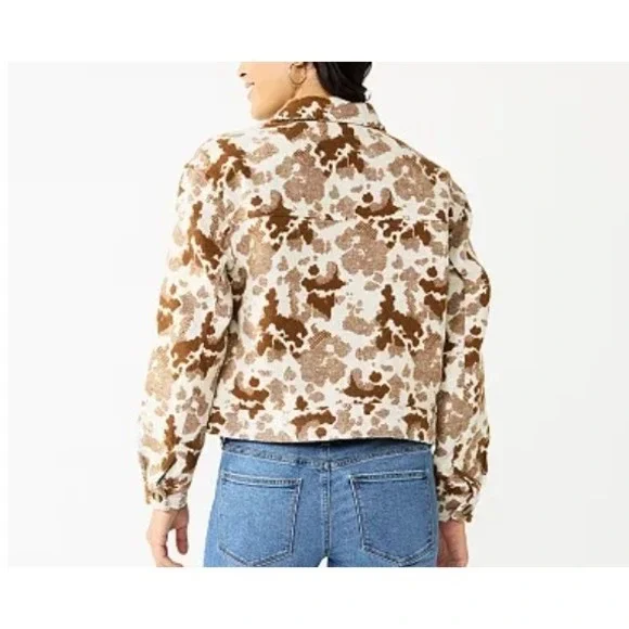 Sonoma Goods for Life Cropped Brown Cow Print Jacquard Bomber Jacket Sz M - Picture 3 of 16